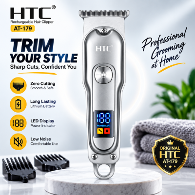Original HTC AT-179 Rechargeable Hair Clipper & Beard Trimmer for Men – Cordless Grooming Kit with Stainless-Steel Blades, Adjustable Settings & Portable Design